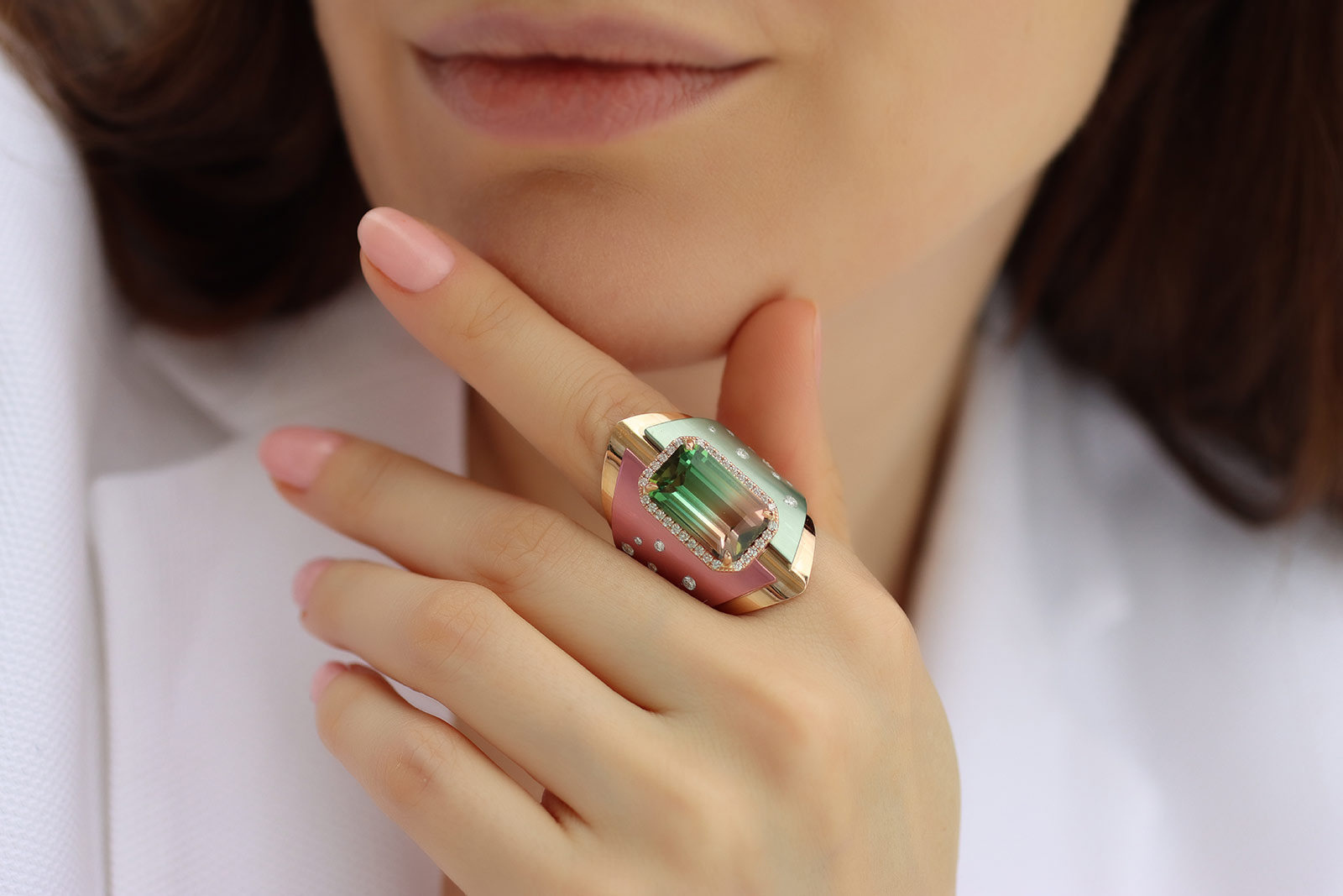 Mayiana MY Bicolor ring in aluminium, with a 10.99 carat bicolour tourmaline centre stone and diamonds