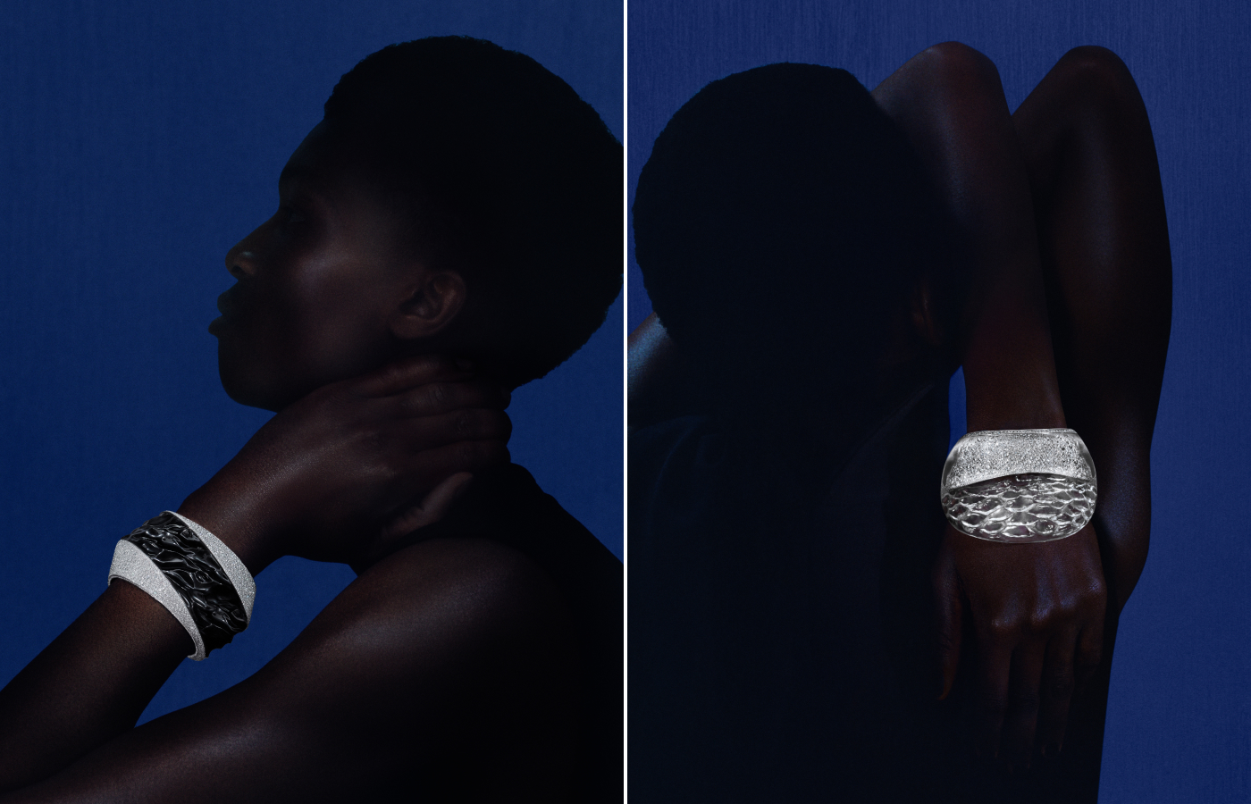 Boucheron Eau d’Encre bracelet (left) set with obsidian and diamonds in titanium and white gold, alongside the Ciel de Glace bracelet with rock crystal, diamonds, and blue sapphires in white gold, both from the Or Bleu High Jewellery collection