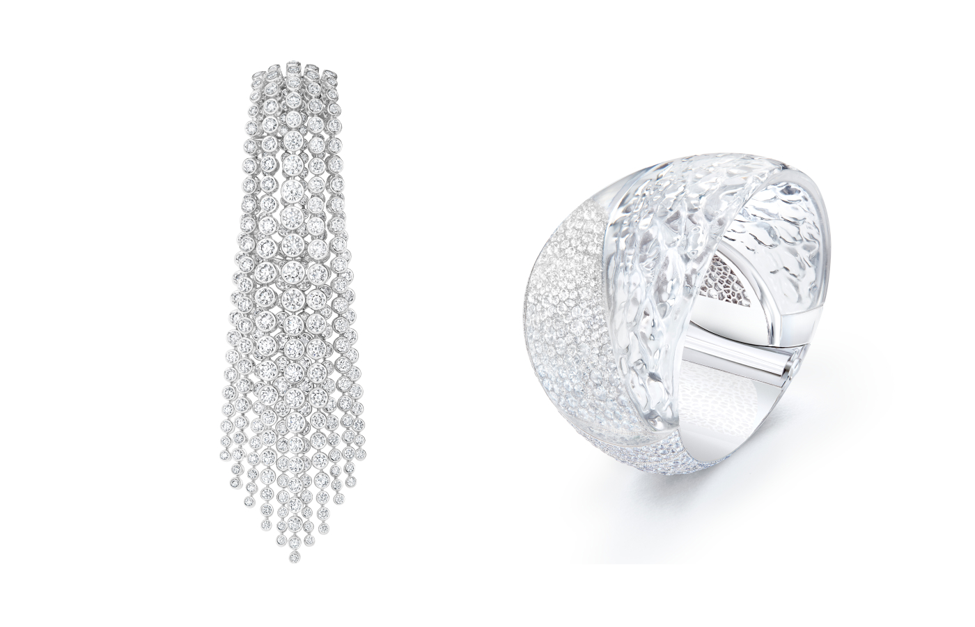 Boucheron Flots diamond necktie and brooch (left) and the Ciel de Glace cuff bracelet with carved rock crystal and diamonds in white gold, from the Or Bleu High Jewellery collection