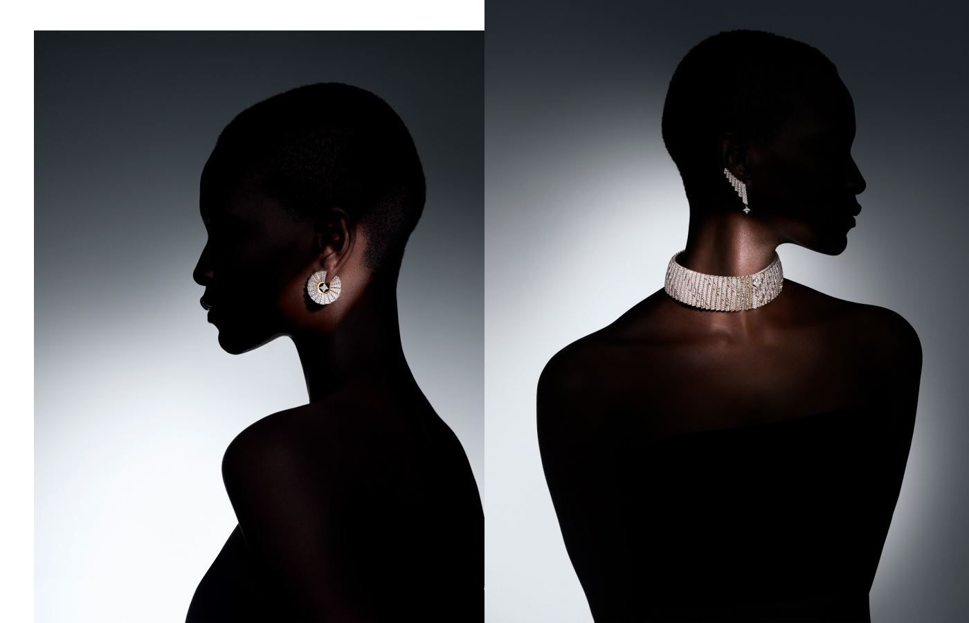 Left to right: Model wearing the Louis Vuitton Optimism earrings with two 0.72 - carat LV Monogram Star cut diamonds and diamonds in platinum and gold, Optimisme earrings with two LV Monogram Star cut diamonds and diamonds in platinum and gold and the Optimisme necklace with one 2.57-carat LV Monogram Star cut diamond and diamonds in in platinum and gold from the Awakened Hands, Awakened Minds collection  