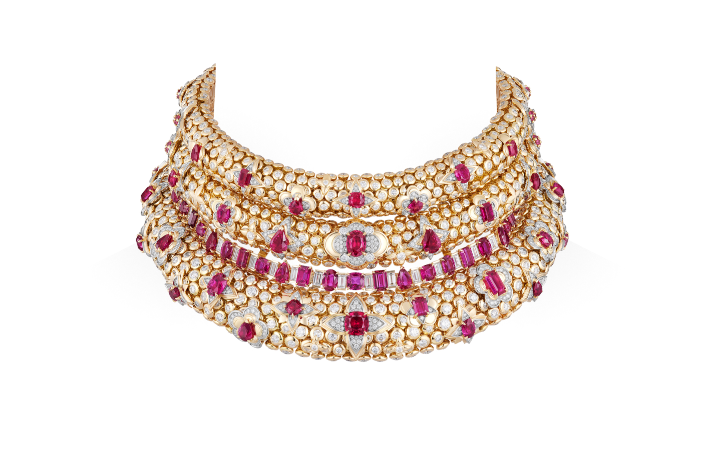 Louis Vuitton Splendeur necklace with 3.82 - carats of octogonal step-cut rubies, 3.05 - carats of cushion step-cut rubies, oval step-cut rubies, pear step-cut rubies, rubies and diamonds in gold and platinum from the Awakened Hands, Awakened Minds collection