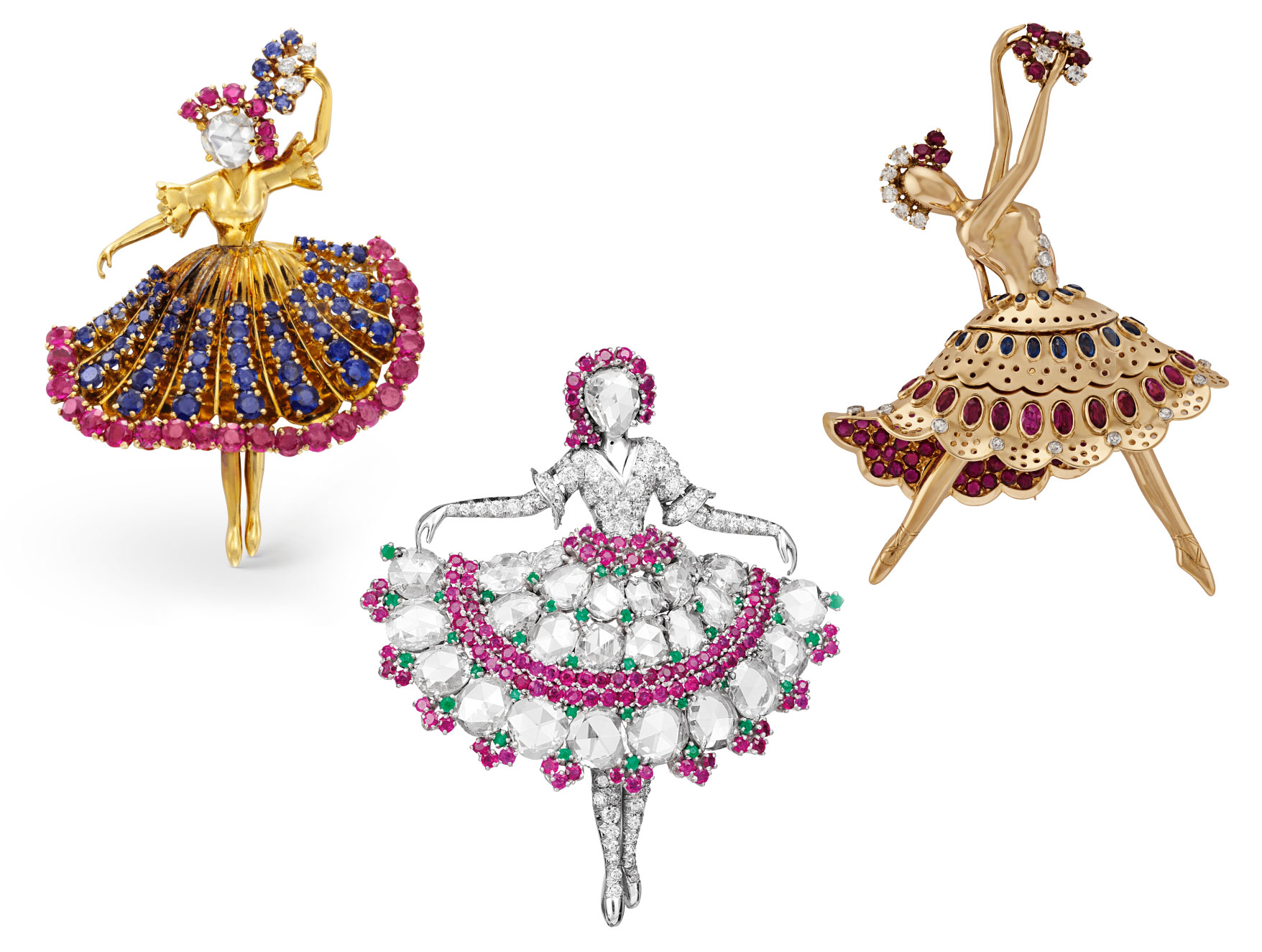 From left to right: Van Cleef & Arpels Ballerina clip from circa 1945, Mathilda ballerina clip with round and rose-cut diamonds, round rubies and round emeralds in white gold, and another ballerina circa 1945 