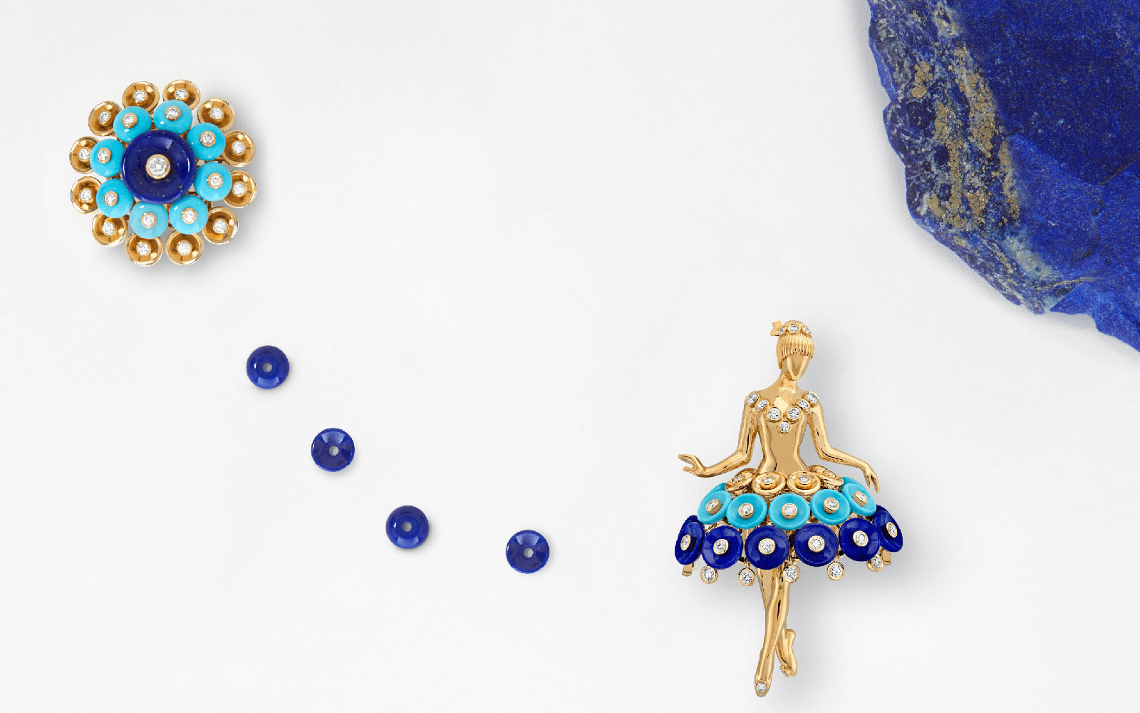 Van Cleef & Arpels Bouton d'or ballerina clip with diamonds, Lapis Lazuli and turquoise in gold 