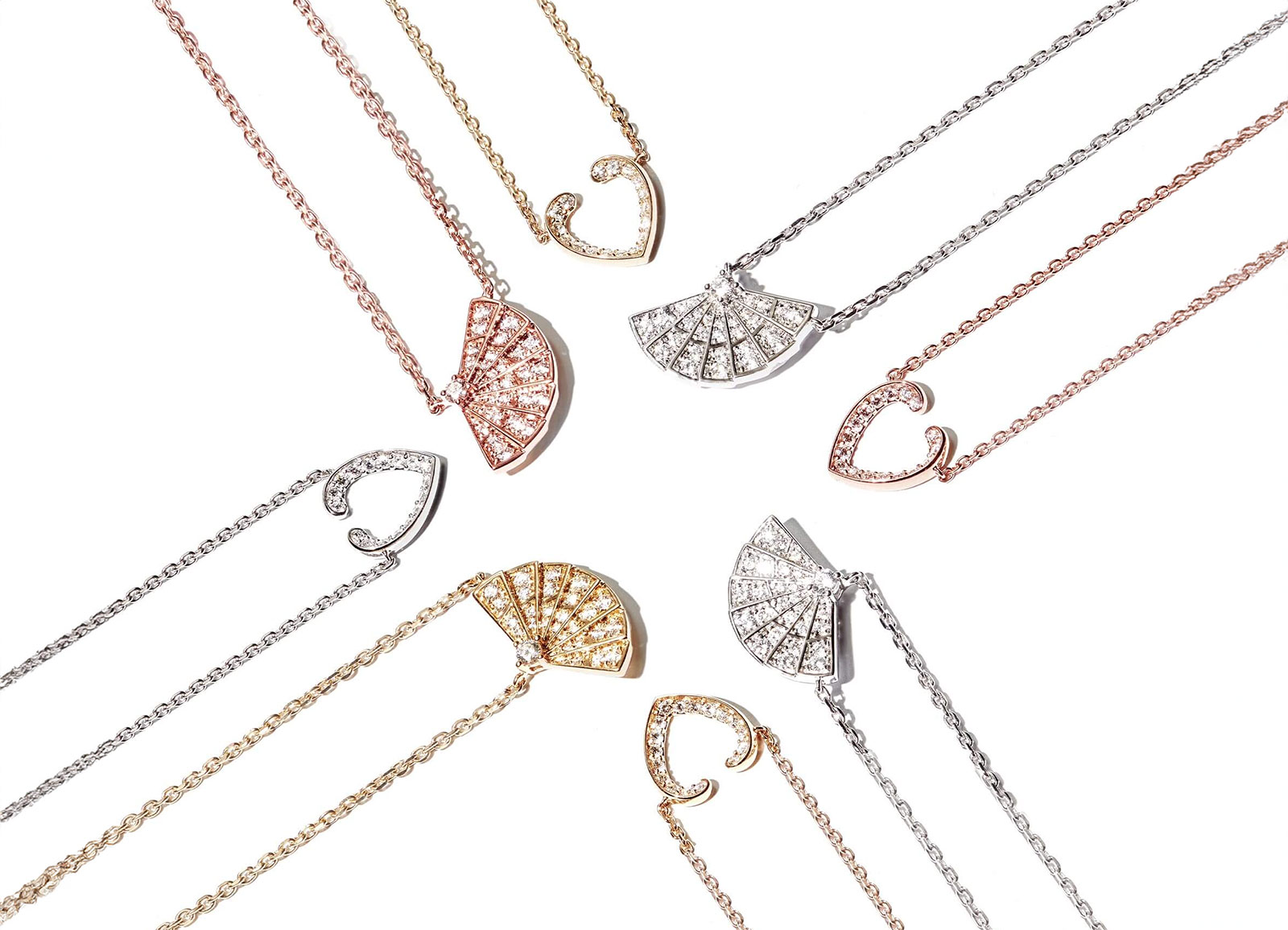 Garrard Fanfare and Aloria Mini Icons necklaces with diamonds in gold, white gold and rose gold