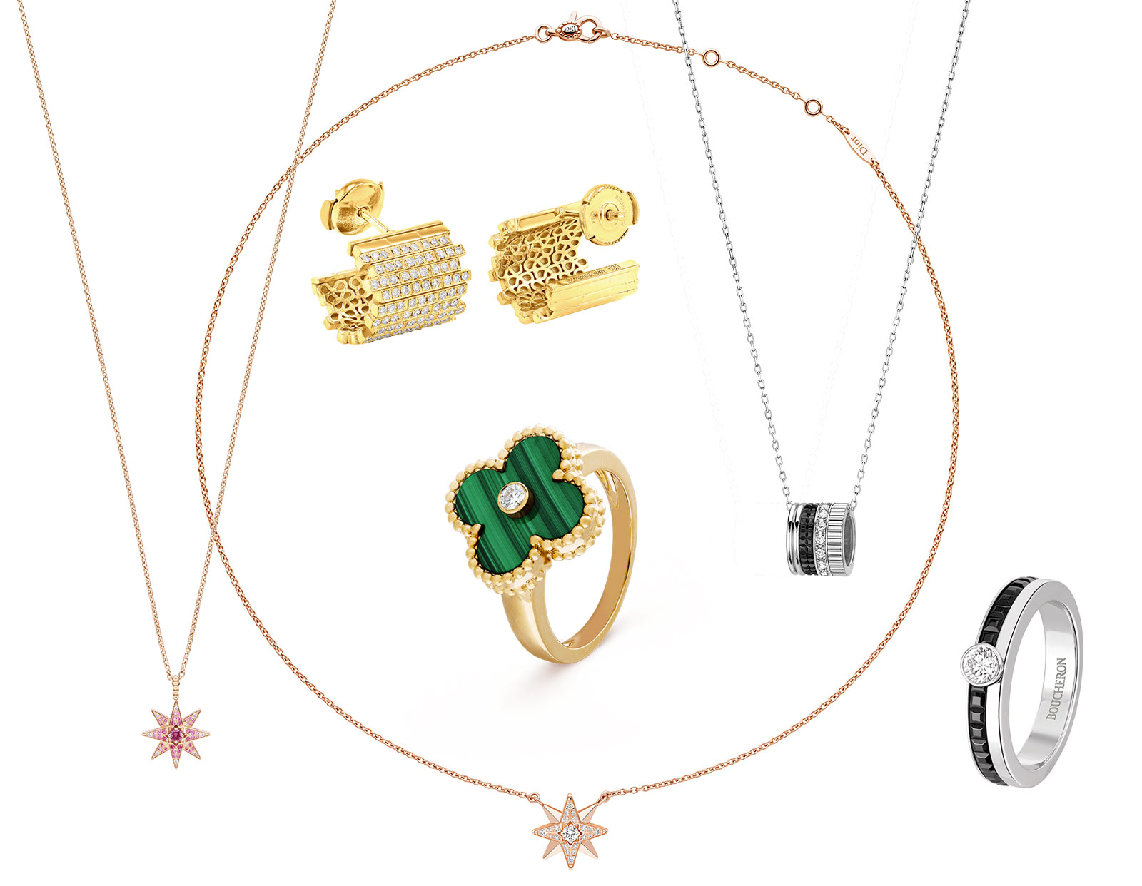  A selection of Dior Joaillerie Etoile des Vents necklaces with pink sapphires and diamonds in pink gold, a Van Cleef & Arpels Alhambra ring with malachite and diamond in gold, Boucheron Quatre Black Edition pendant and ring with diamonds and enamel in white gold and Suzanne Kalan earrings with diamonds in gold