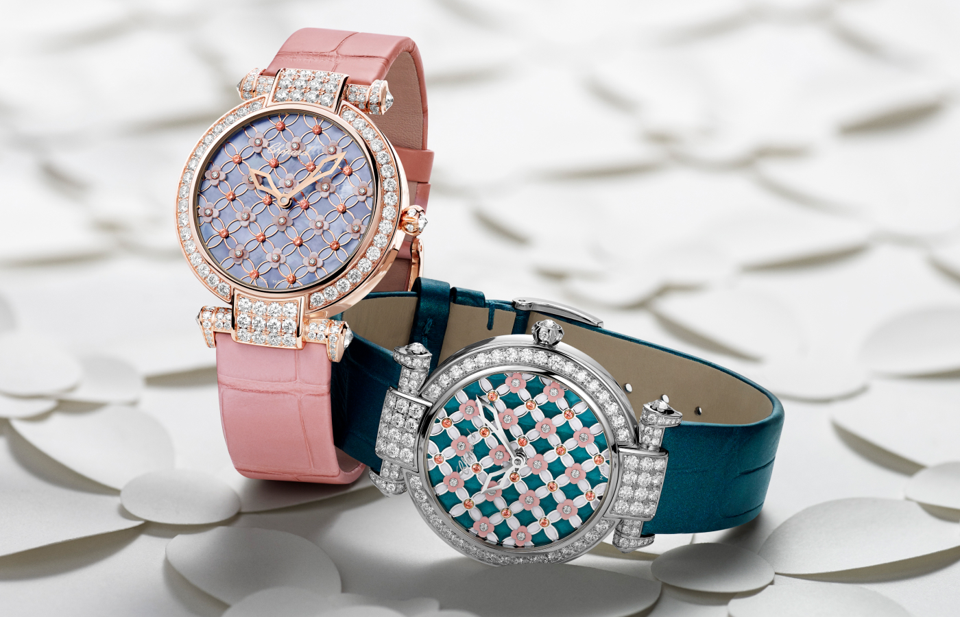 Chopard Imperiale watches with blue and pink mother-of-pearl, padparadscha sapphires, diamonds, blue-green and white enamel in white gold and rose gold 