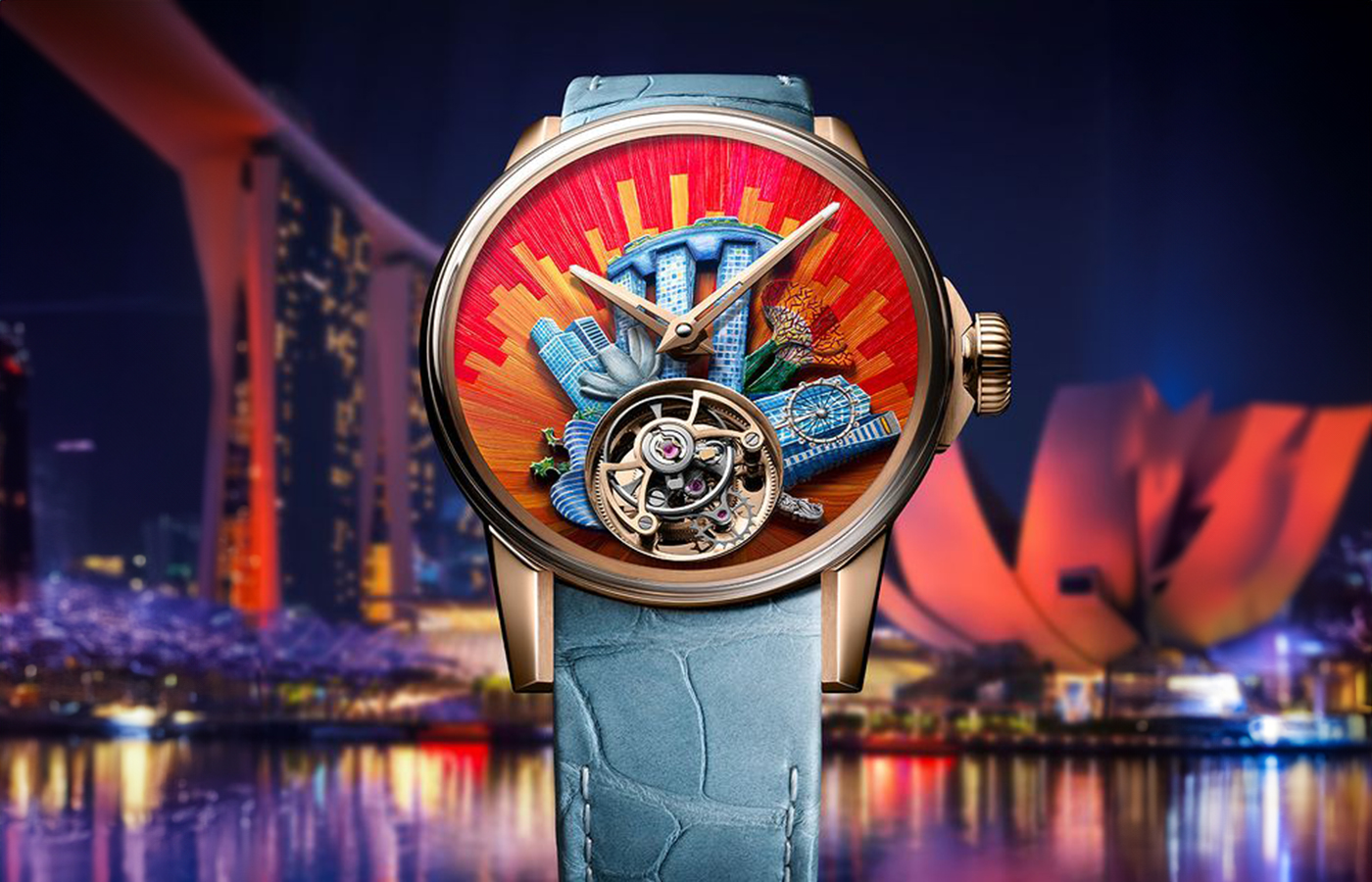 Louis Moinet Around the World Singapore watch dial featuring straw marquetry of Singapore’s iconic buildings