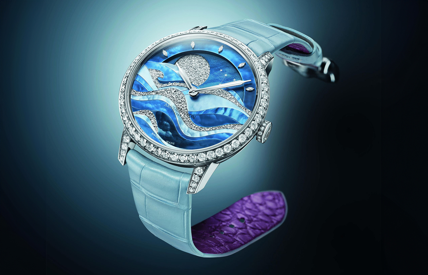 Arnold & Son Perpetual Moon Night Tide watch with hand-painted ruthenium crystals, mother-of-pearl marquetry and diamonds in white gold on a sky-blue satin alligator leather strap