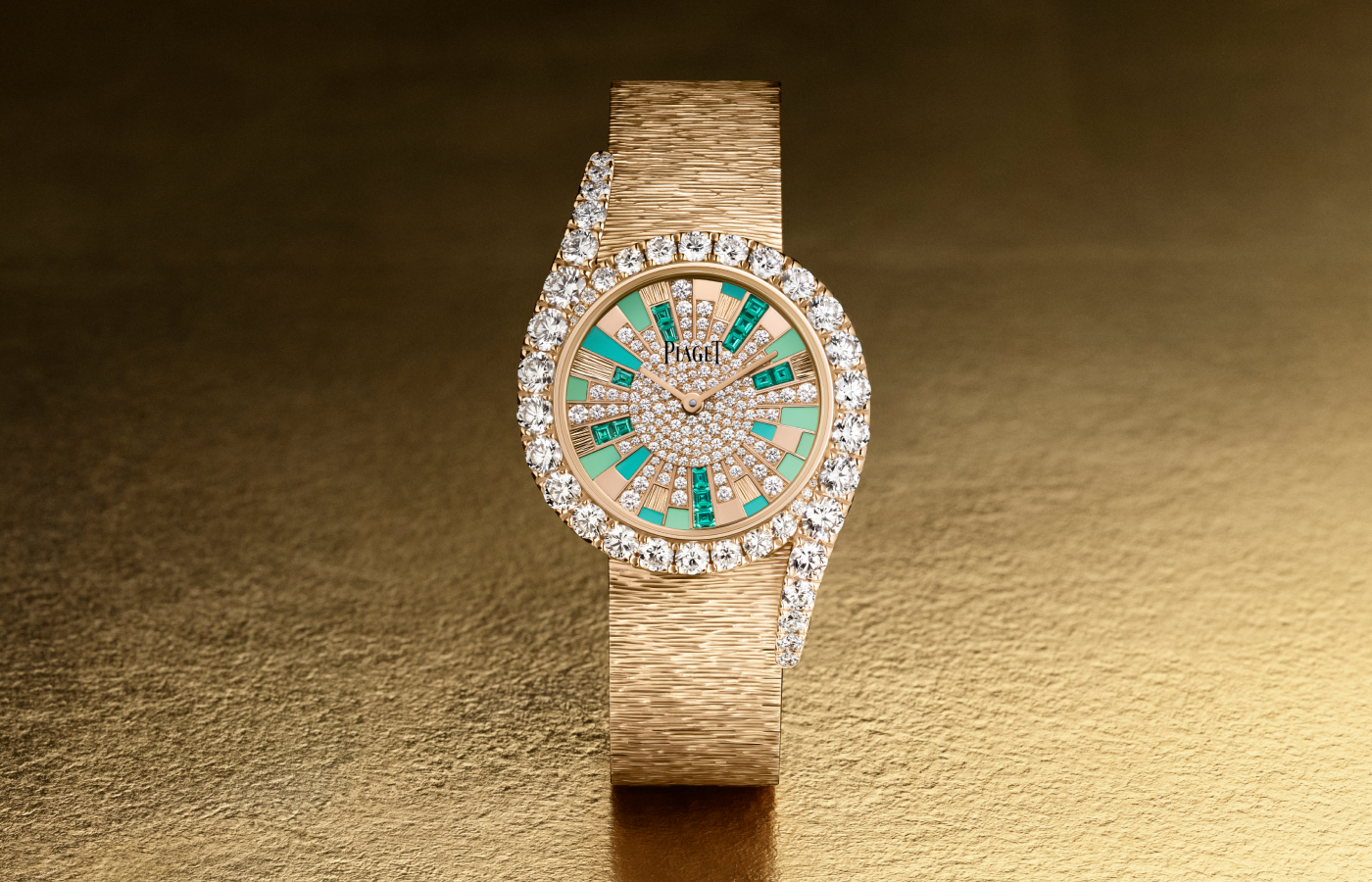 Piaget Limelight Gala watch with a marquetry dial with baguette-cut emeralds, chrysoprase and diamonds in 18k pink gold 