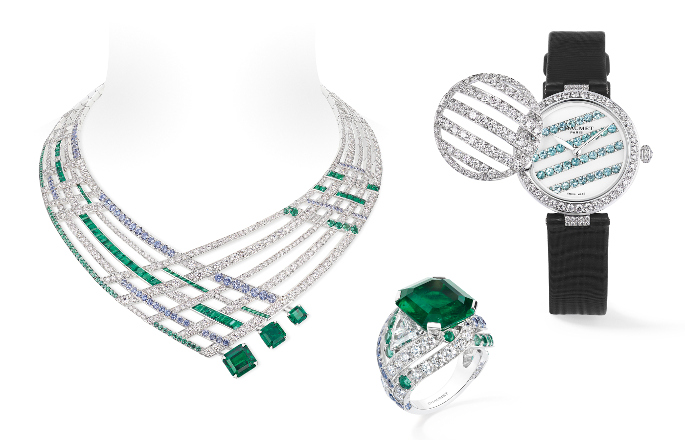 Chaumet Partition necklace and ring from the En Scène collection with emeralds, sapphires and brilliant-cut diamonds in 18k white gold, next the Tango watch  with round tourmalines and brilliant-cut diamonds, on a black satin strap