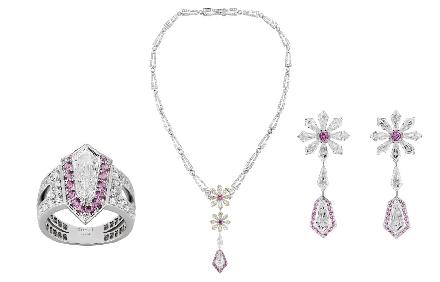 Gucci Labirinti diamond and pink sapphire suite in white gold 