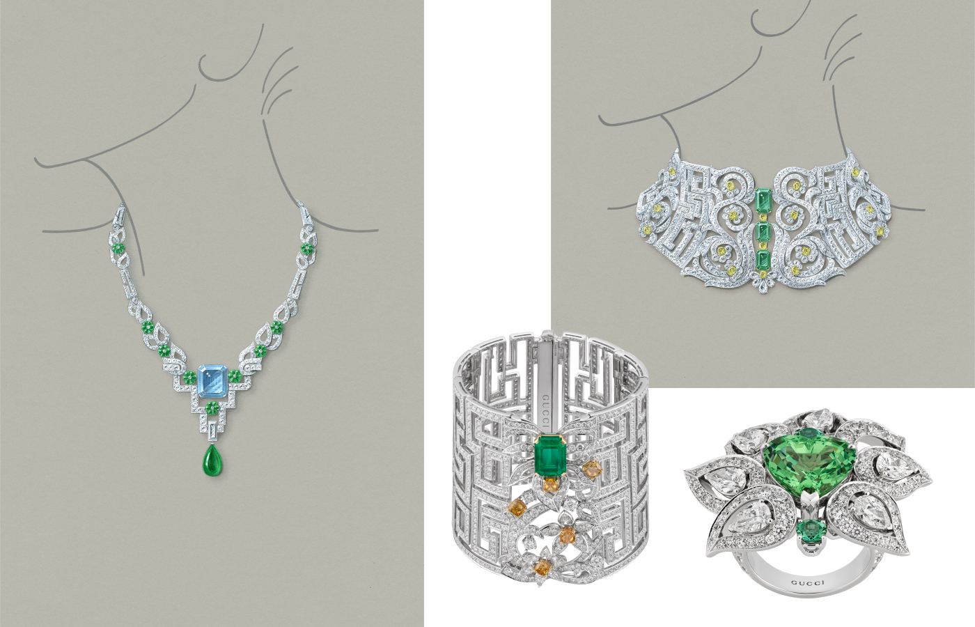 From left to right: Gucci Labirinti necklace with a 26.58 - carat aquamarine, an 11.1 - carat emerald, emeralds and diamonds in white gold, bracelet with a 5,93 - carat emerald, white and Fancy diamonds in white gold, necklace with three emeralds of 7.53 - carats, 4.31 - carats and 2.86 - carats and white and fancy diamonds in white gold and ring with a 4.87 - carat emerald, white and fancy diamonds in white gold