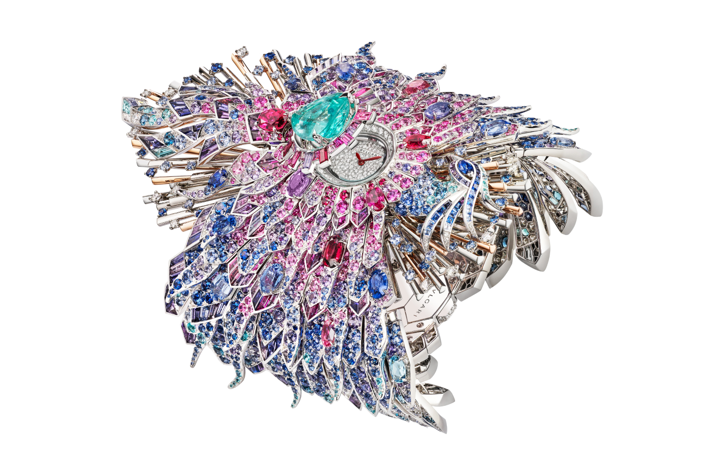 Bvlgari Fenice high jewellery secret watch from the Aeterna collection with Paraiba tourmalines, sapphires, rubies, tanzanites, aquamarines, iolites, pink garnettes, rhodolites, rubellites and pink tourmalines, amethysts and diamonds in 18k white and gold rose