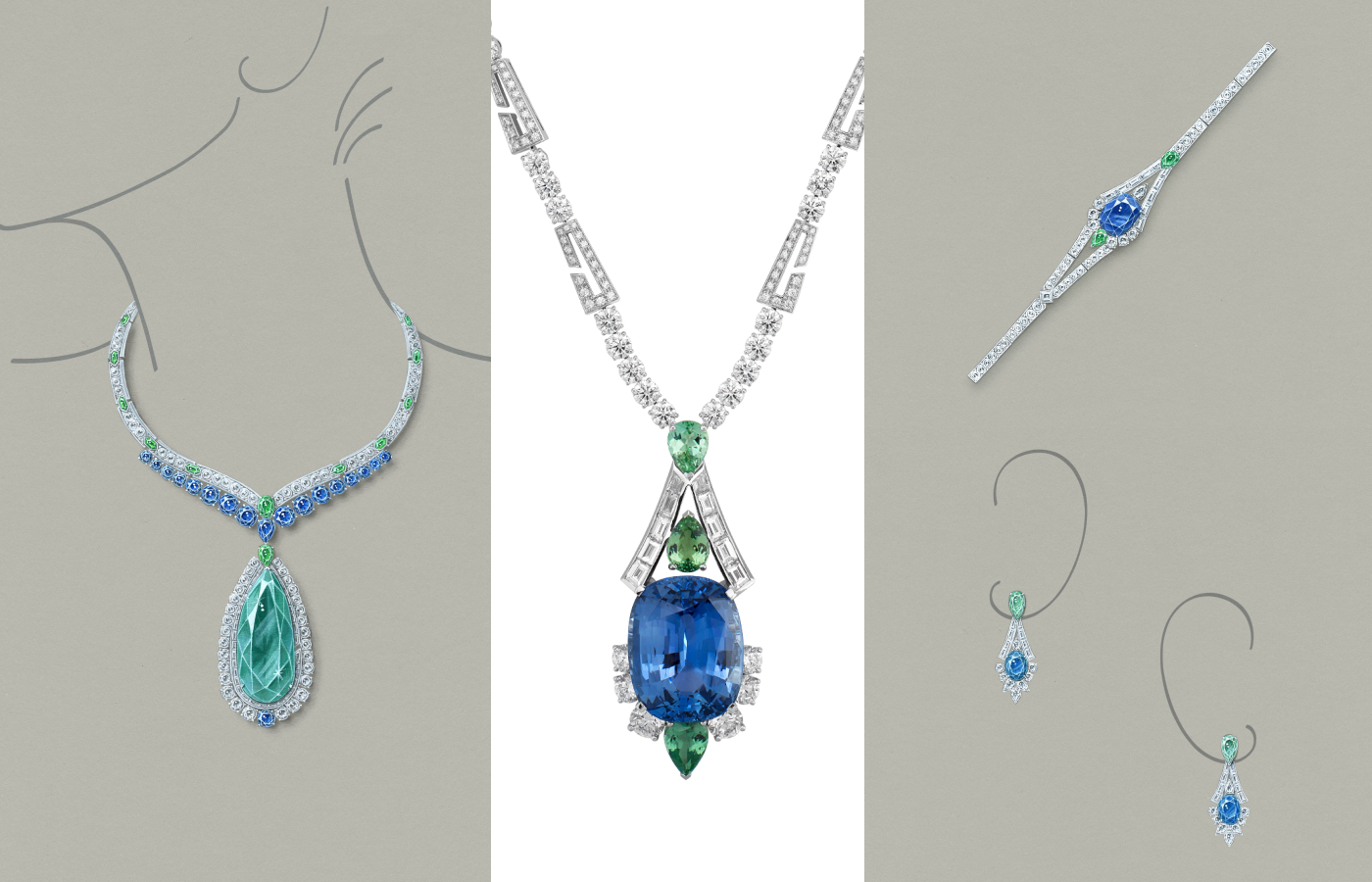 From left to right: Gucci Labirinti necklace with a 113.35 - carat green tourmaline, emerald, tanzanite and diamond in white gold, necklace with a 53.8 - carat sapphire, Paraiba tourmalines and diamonds in white gold with matching earrings and bracelet