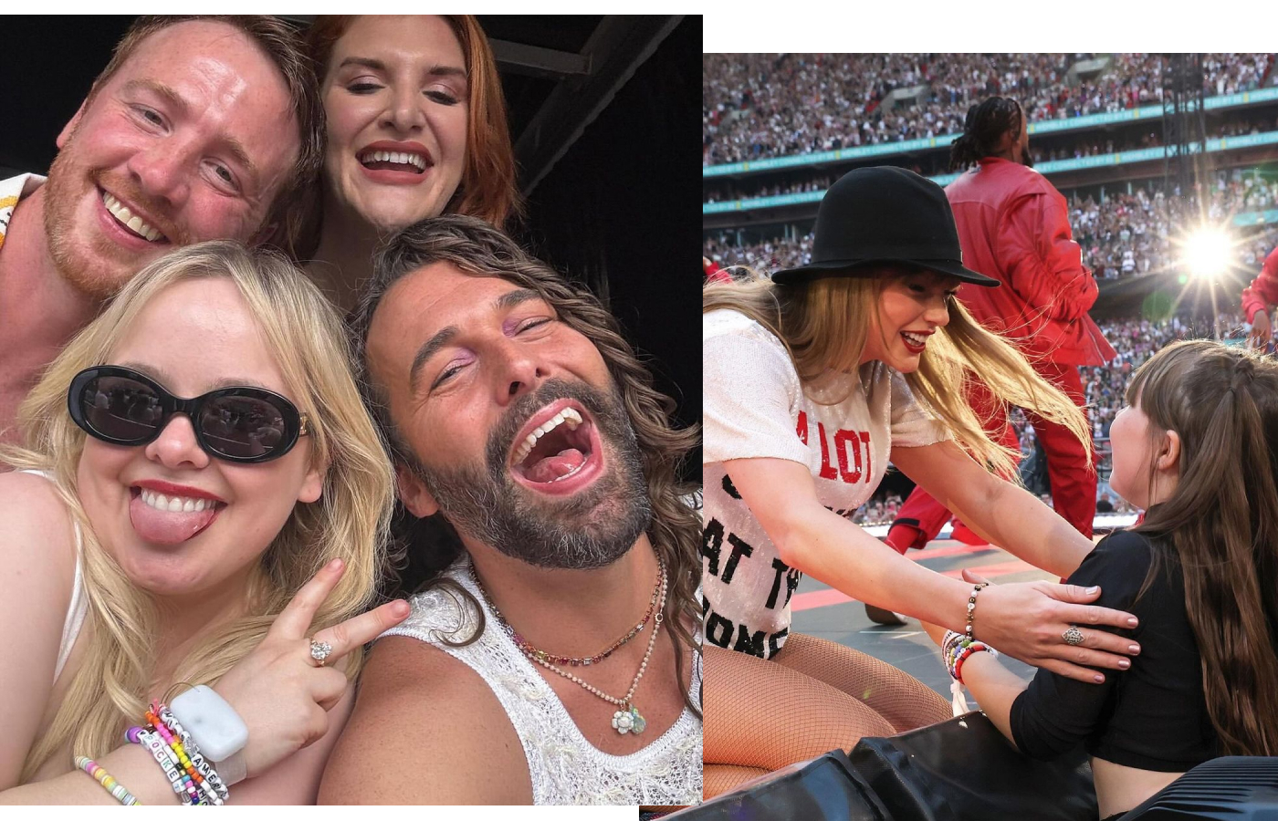 Nicola Coughlan and friends at a Taylor Swift concerts along side Taylor swift exchanging bracelets with a fan on stage