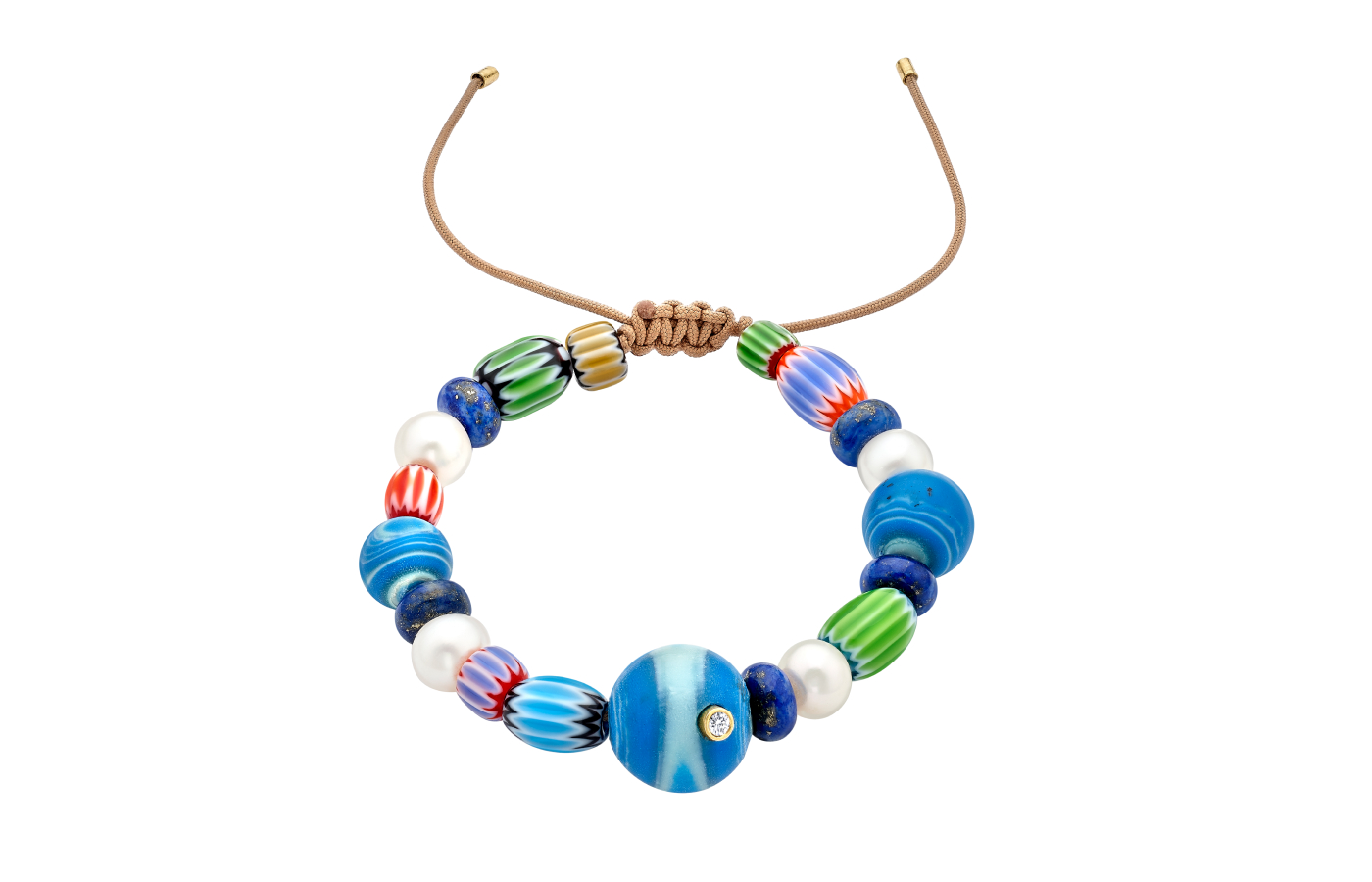 Venyx World Terra Mater bracelet with Lapis Lazuli beads, Venetian glass beads, freshwater pearls, blue recycled ocean plastic bespoke beads and white sapphires in 18k gold