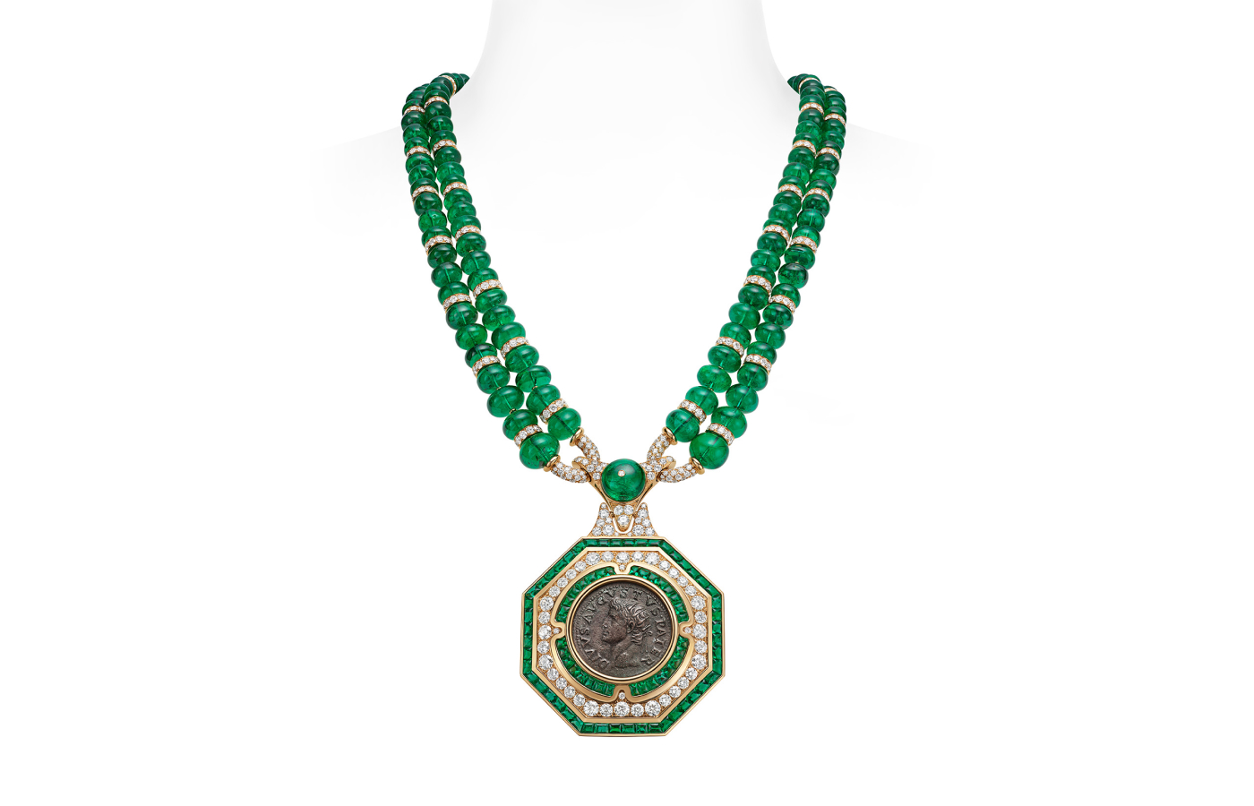 Bvlgari Monete Aeterna Augustus Emerald Sautoir from the Aeterna collection with a rare imperial bronze coin of Roman emperor Augustus, identical emerald beads, 80 buff-top emeralds and pavé-set diamonds in 18k yellow gold