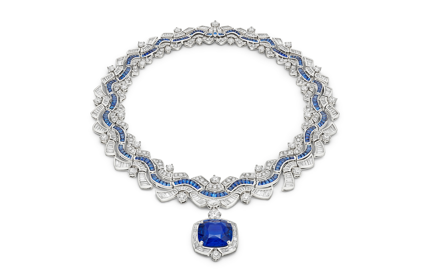 Bvlgari Aeterna Waves detachable necklace from the Aeterna collection with a 38.93-carat sapphire centrepiece and brilliant-cut, buff-top, baguette and pavé-set diamonds and sapphires in 18k white gold