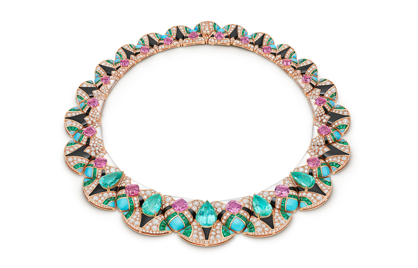 Bvlgari Mosaic of Time necklace from the Aeterna collection with Paraiba and pink tourmalines, turquoises, emeralds, pavé-set diamonds, onyx and mother-of pearl details in 18kt yellow gold