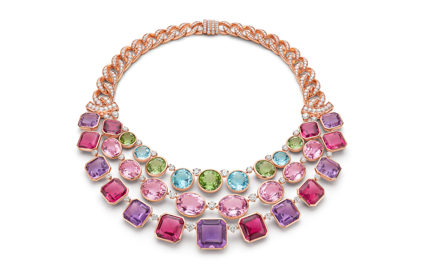 Bvlgari Earth Song necklace from the Aeterna collection with rubellites, amethysts, kunzites, green tourmalines and diamonds in 18k yellow gold