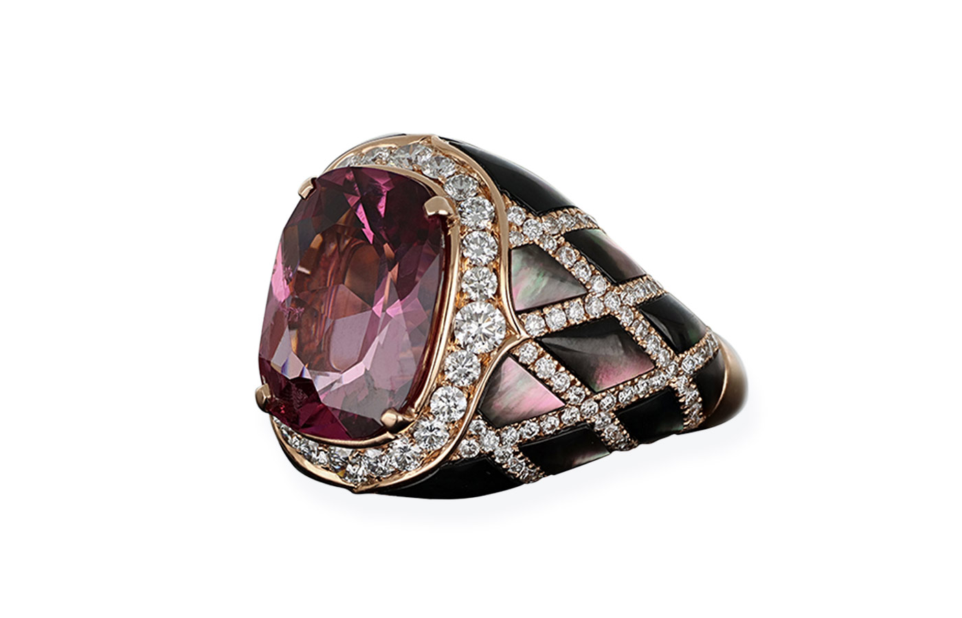 Maison J’OR Intrigo ring with a 6.89 carat umbalite garnet, 1.85 carats of natural diamonds, and grey mother of pearl, set in 18k rose gold 