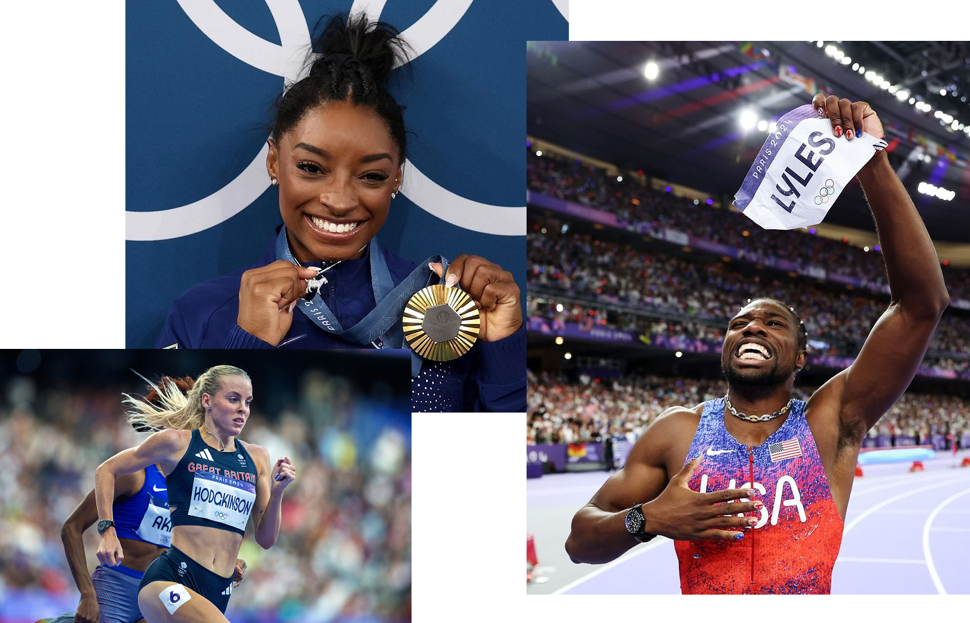 Keely Hodgkinson, Simone Biles and Noah Lyles showing off their jewels at the 2024 Olympic games in Paris 