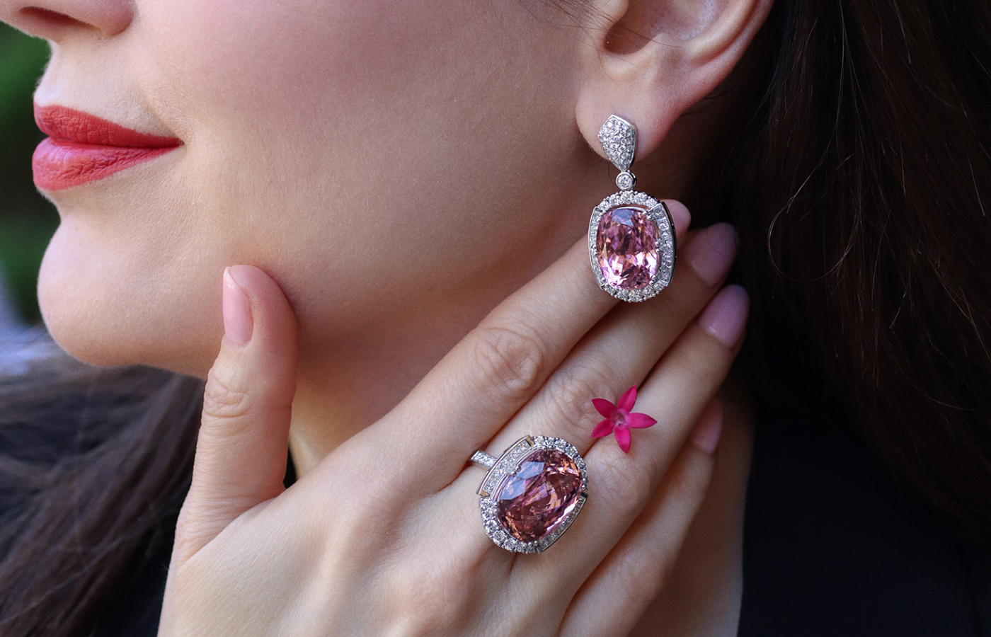 Katerina Perez wears the Sunita Nahata Blush collection ring with a 23.13 carat cushion-cut pink tourmaline and the matching earrings with 35.67 carats of pink tourmalines, both with princess- and round-cut diamonds in 18k white gold  