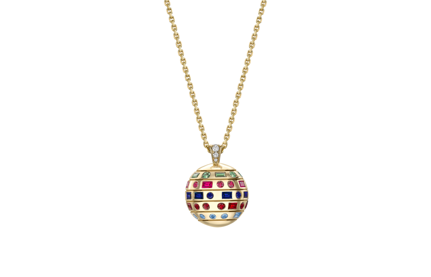 Hattie Rickards’ bespoke sphere pendant for Laura, featuring an orbiting line of gems spelling out the initials of her family in Morse code with their birthstones, set in yellow gold