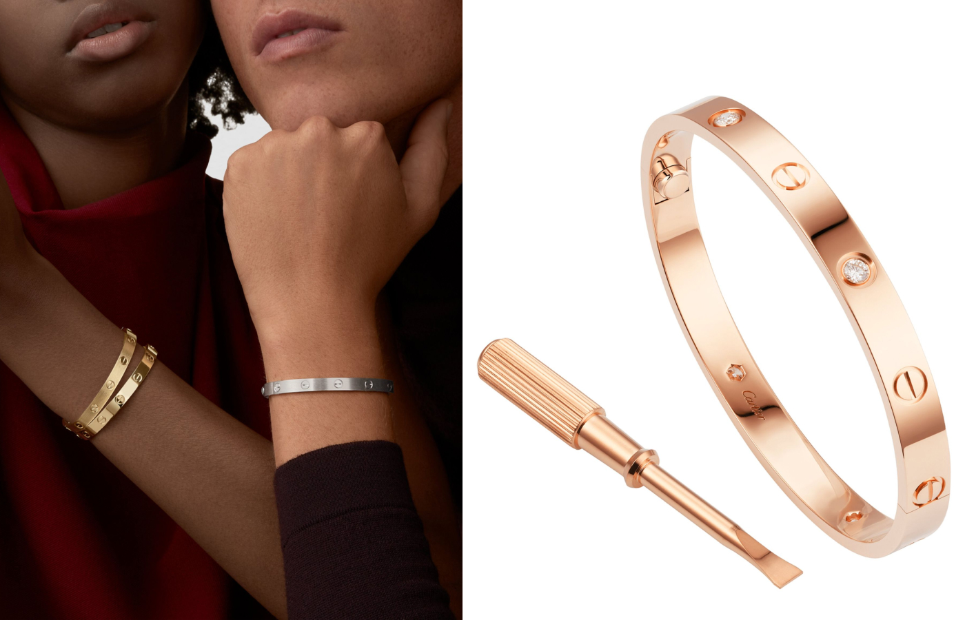 Fastened to the wrist with a provided screwdriver, Cartier's iconic, and ubiquitous, Love bracelet is available in 18K yellow, white and rose gold 