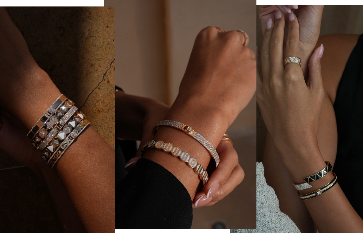 Alessa Jewelry makes it easy to build a personalised bracelet stack with its Spectrum and Elixir bangles in 18K gold with diamonds, mother of pearl and enamel