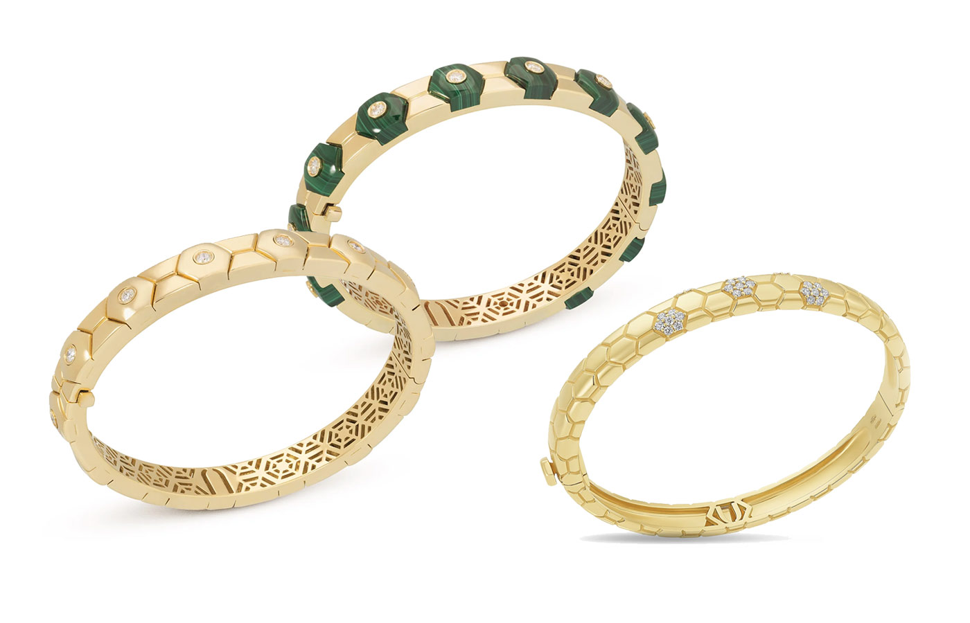 In 18k gold, diamonds and hardstones, including malachite, the hexagonal design of Miseno’s Baia bangles recalls the submerged mosaic floors discovered on the seabed in the Bay of Naples