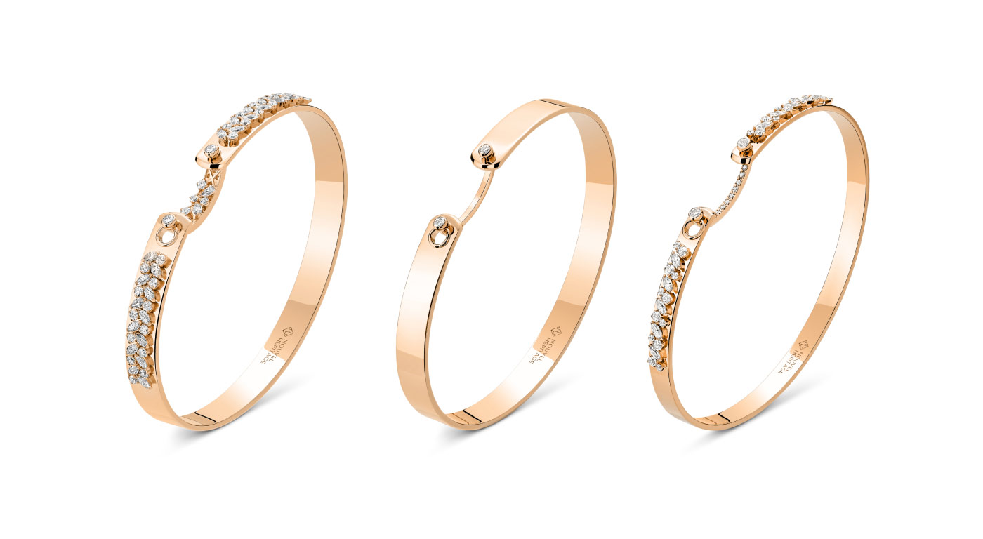 Nouvel Heritage's Mood bangles are named after different moments in the day. From left to right, the Soirée, Monday Morning and Under the Stars bangles, all in 18K rose gold with diamonds