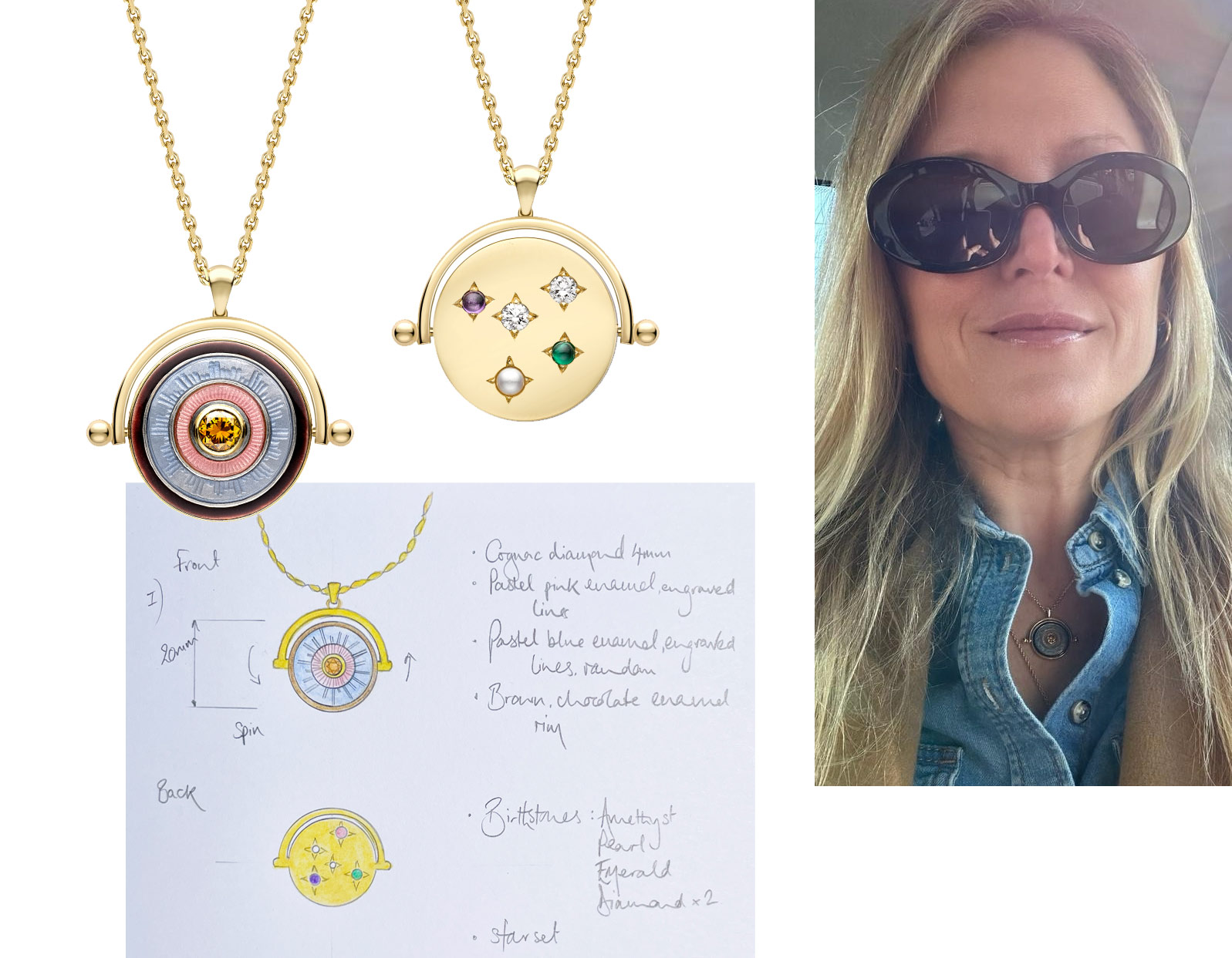 Hattie Rickards’ bespoke reversible pendant for Cinny, showcasing a cognac diamond on one side and her family’s birthstones on the reverse, framed by translucent guilloché enamel and set in engraved yellow gold, also featuring a sketch of the pendant and a photo of Cinny wearing it