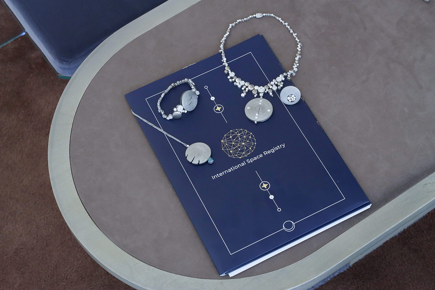 A selection of pieces from the Daverio1933 Sidereum collection, including a statement necklace (right) with round and fancy-cut diamonds set in titanium 