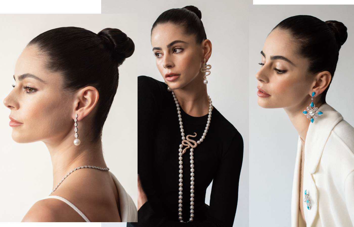 Model wears Autore earrings with 3.3-carat diamonds and oval South Sea pearls in 18k white gold, Autore earrings and necklace with pink sapphires, diamonds and South Sea pearls in 18k yellow gold from the Serpent collection, and Autore earrings and brooch with sapphires, turquoise and South Sea pearls in 18k white gold