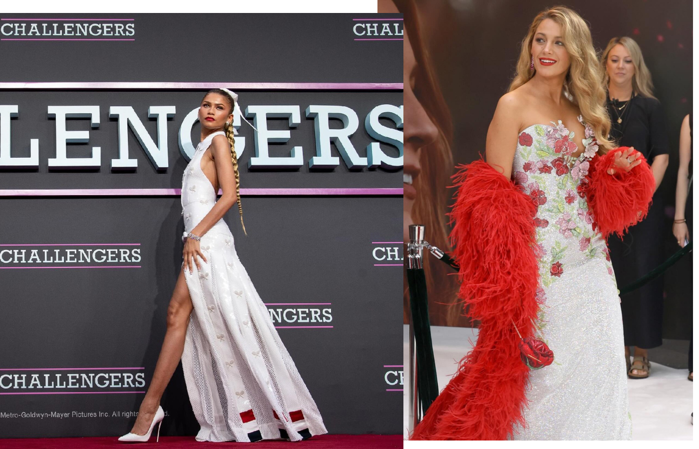 Zendaya at the Challengers premiere wearing a tennis-inspired white gown and Blake Lively in a floral dress at the premier of It Ends With Us. Image credit: Instagram, @warnerbrosuk and @alwayslively 