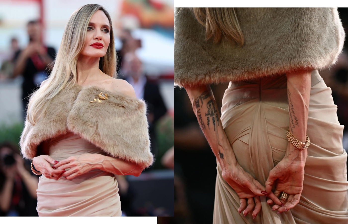 Angelian Jolie attends the Venice Film Festival 2024 wearing jewels by Cartier, including the Trinity de Cartier and C de Cartier diamond stud earrings, a gold and diamond Cartier Collection Maillon Panthère bracelet, and a 1972 Cartier Rose Ouvrante flower brooch with diamonds, emeralds, sapphires and rubies and open-and-close petals, once worn by opera singer Maria Callas. Image credit: Instagram, Vogue Italia