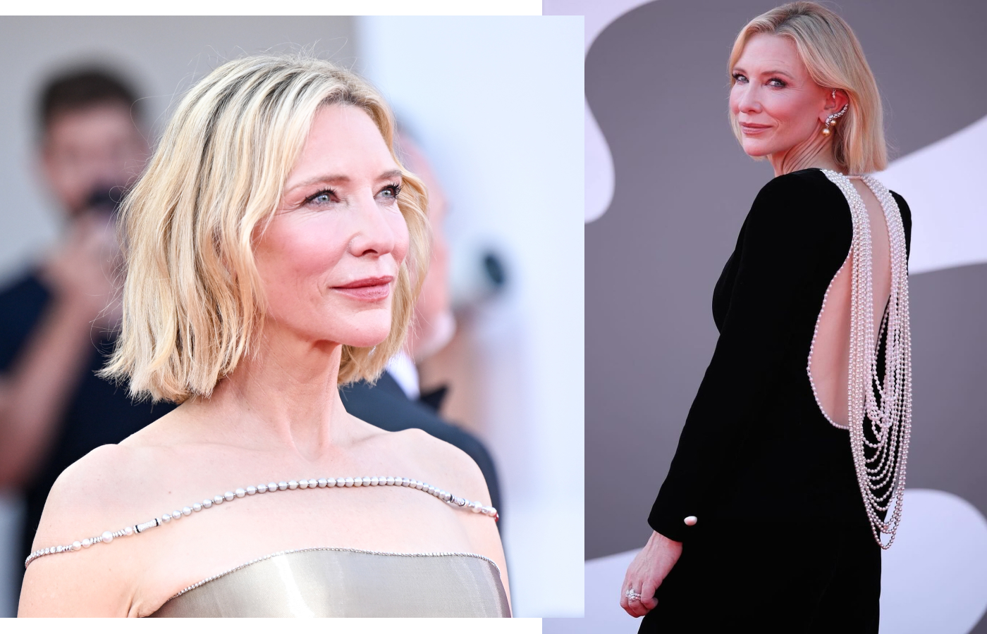 Cate Blanchett at the Venice Film Festival 2024 wearing a Louis Vuitton strand of repurposed pearls, including 49 Akoya pearls, 33 Tahitian pearls and 633 diamonds (left) and in a black velvet suit with draped pearls, accessorised with a Louis Vuitton Deep Time High Jewellery collection cuff earring with champagne-coloured pearls. Image credit: Instagram, @cate_blanchettofficial