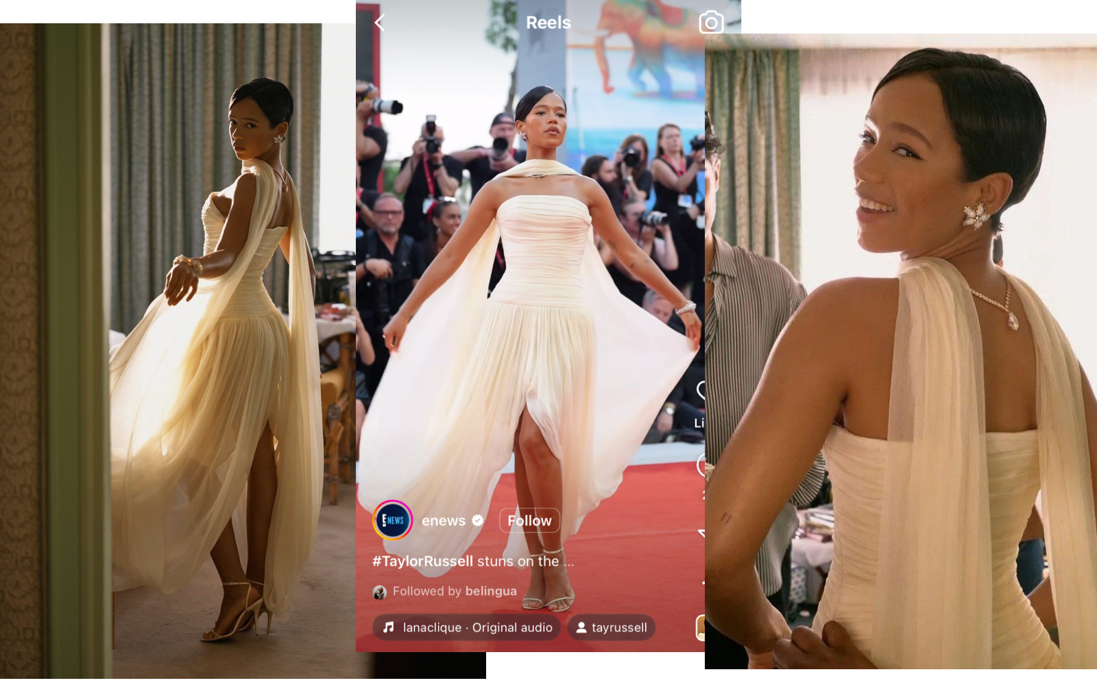 Taylor Russell at the Venice Film Festival 2024 wearing a dress by Loewe and jewels by Tiffany & Co., including an 11-carat pear-shaped diamond pendant hung backwards and a pair of Jean Schlumberger by Tiffany Star Flower ear clips. Image credit: Instagram, E! News 