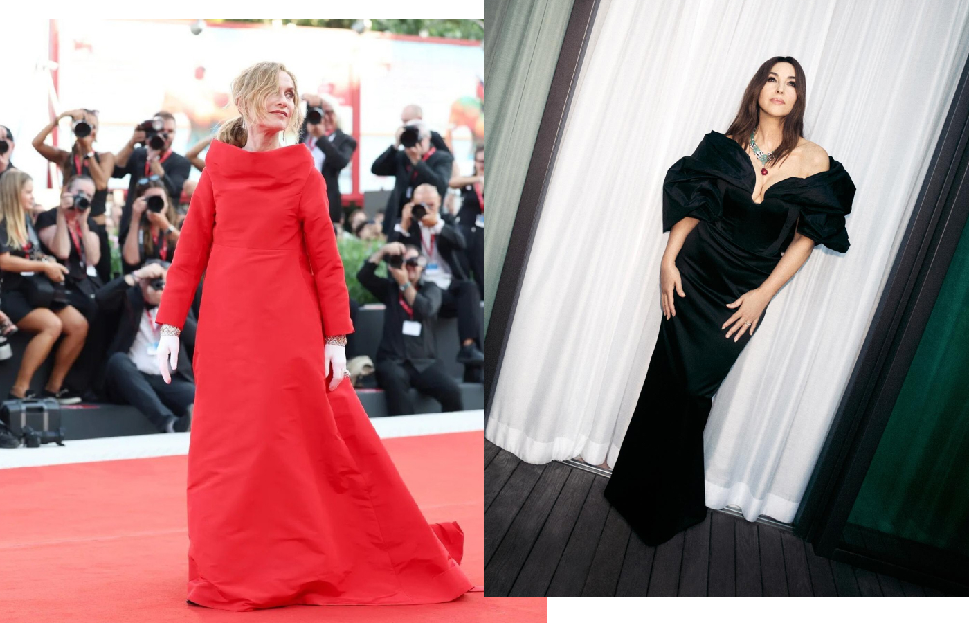 Venice Film Festival 2024 Jury President Isabelle Huppert (left) wearing a pair of TuttiTutti cuffs from the latest chapter in the Cartier Libre High Jewellery collection alongside Monica Bellucci in the Cartier Chryseis necklace from the Nature Sauvage collection. Image credit: Instagram, Cartier