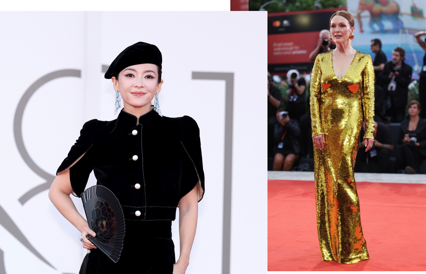 Actress Zhang Ziyi (left) in a pair of Chopard High Jewellery earrings at the Venice Film Festival 2024 alongside Julianne Moore wearing a pair of oversized golden earrings. Image credit: Instagram, @justjared