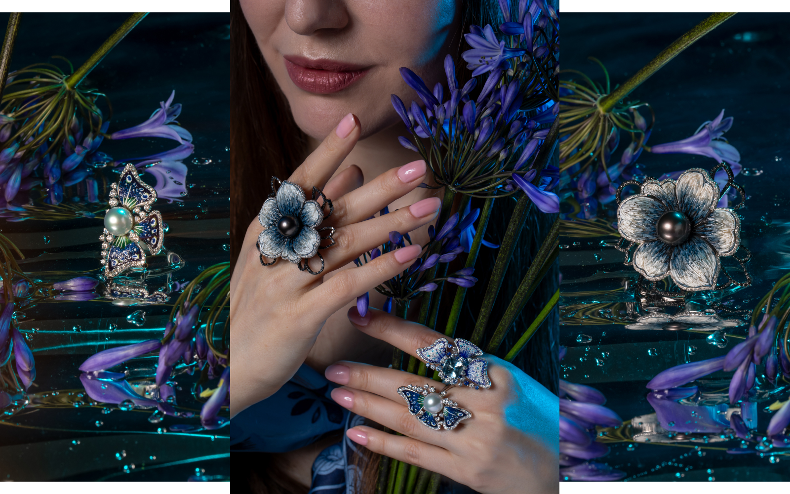 Katerina Perez wears cocktail rings by Sicis, including (right hand and far right) the Printemps De L’Ocean ring with 1.63 carats of white diamonds, 2.27 carats of black diamonds, and Tahitian pearl, the (left hand and far left) Anemone Sea ring with 1.72 carats of diamonds and an Australian South Sea pearl, and the Anemone Aqua ring (index finger) with 1.74 carats of diamonds, a 3.46 carat aquamarine, and blue sapphires, all with signature micromosaics in18k white gold 