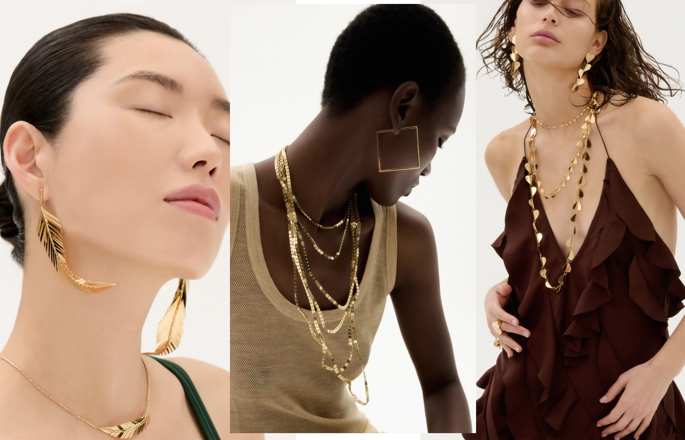 Models wear a CADAR necklace and earrings in 18k yellow gold from the Feather collection, layered CADAR necklaces and earrings in 18k yellow gold from the Foundation collection, CADAR Wings of Love necklaces and earrings and rings in 18k yellow gold from the Endless collection