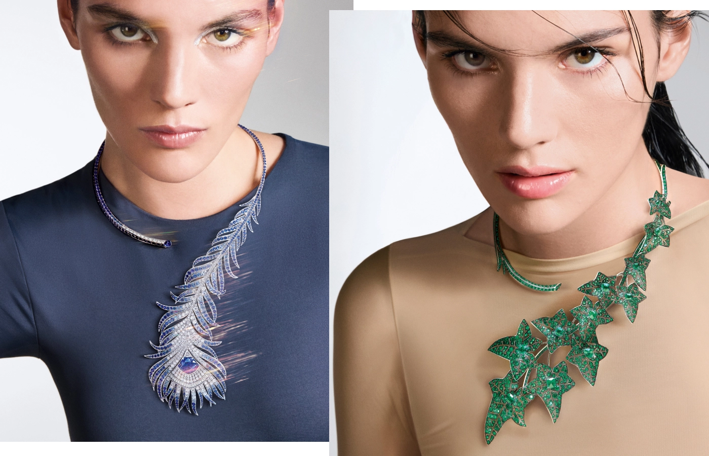 New designs for 2024 include the sapphire and diamond Plume de Paon Question Mark necklace, left, and the Lierre de Paris Question Mark necklace, set with emeralds in black rhodium-plated gold