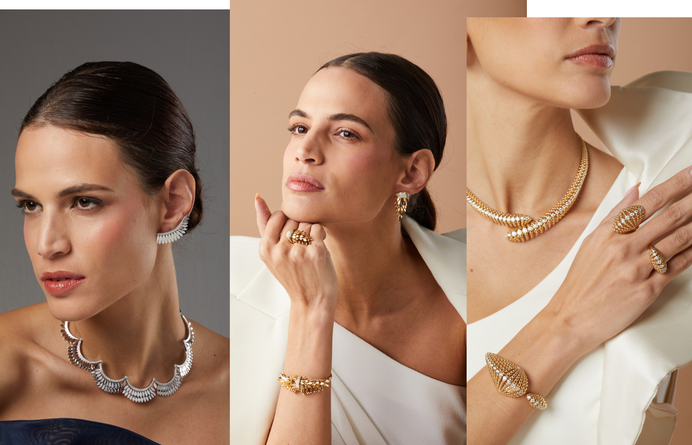 FerriFirenze fine jewellery creations from the Spettinato collection (left) in 18k white gold, the Spettinato collection in 18k yellow gold and champagne diamonds (centre) and the Bubbles collection, also with champagne diamonds