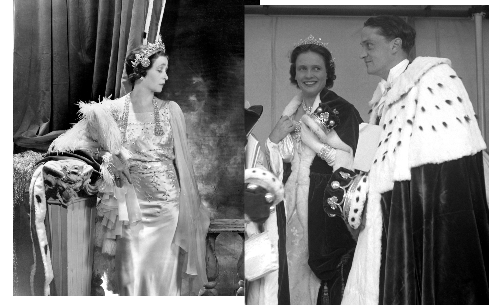 The Marchioness of Anglesey wearing the 300-carat diamond necklace in 1937, courtesy of the Condé Nast Archive (left), and the seventh Marquess and Marchioness of Anglesey adorned with the same necklace during the coronation of Queen Elizabeth II in 1953, courtesy of Alamy Images