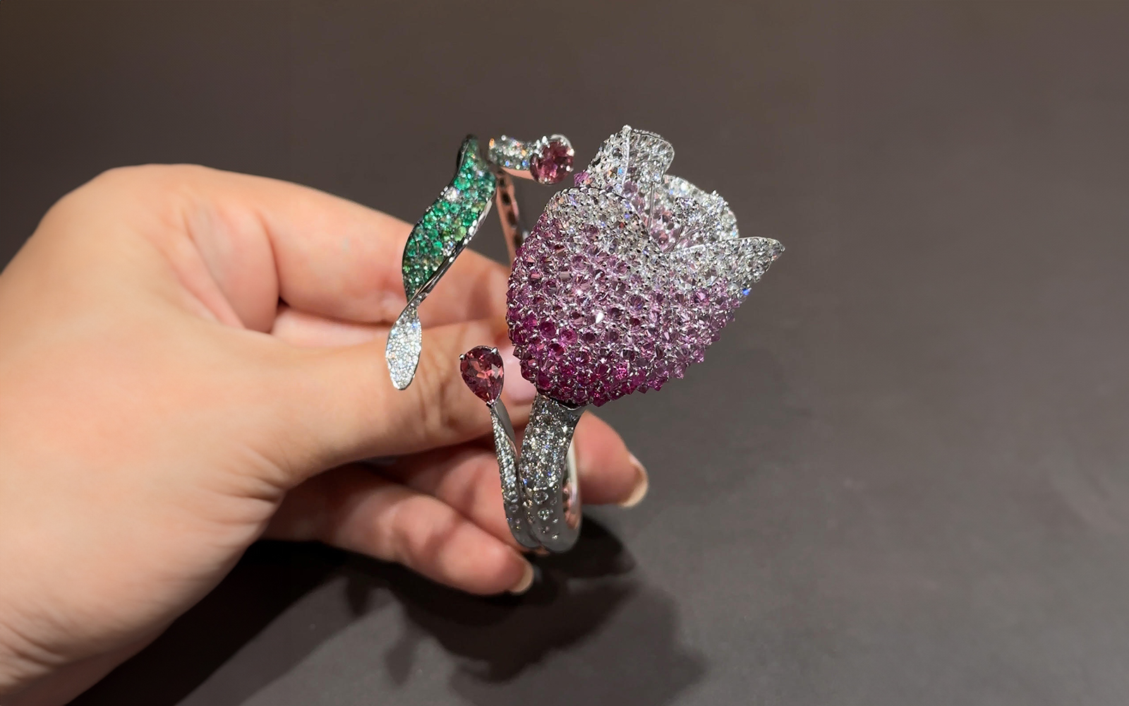 Staurino Tulip bracelet with white and silver diamonds, pink sapphires, emeralds, and two exquisite pink tourmalines in 18k white gold