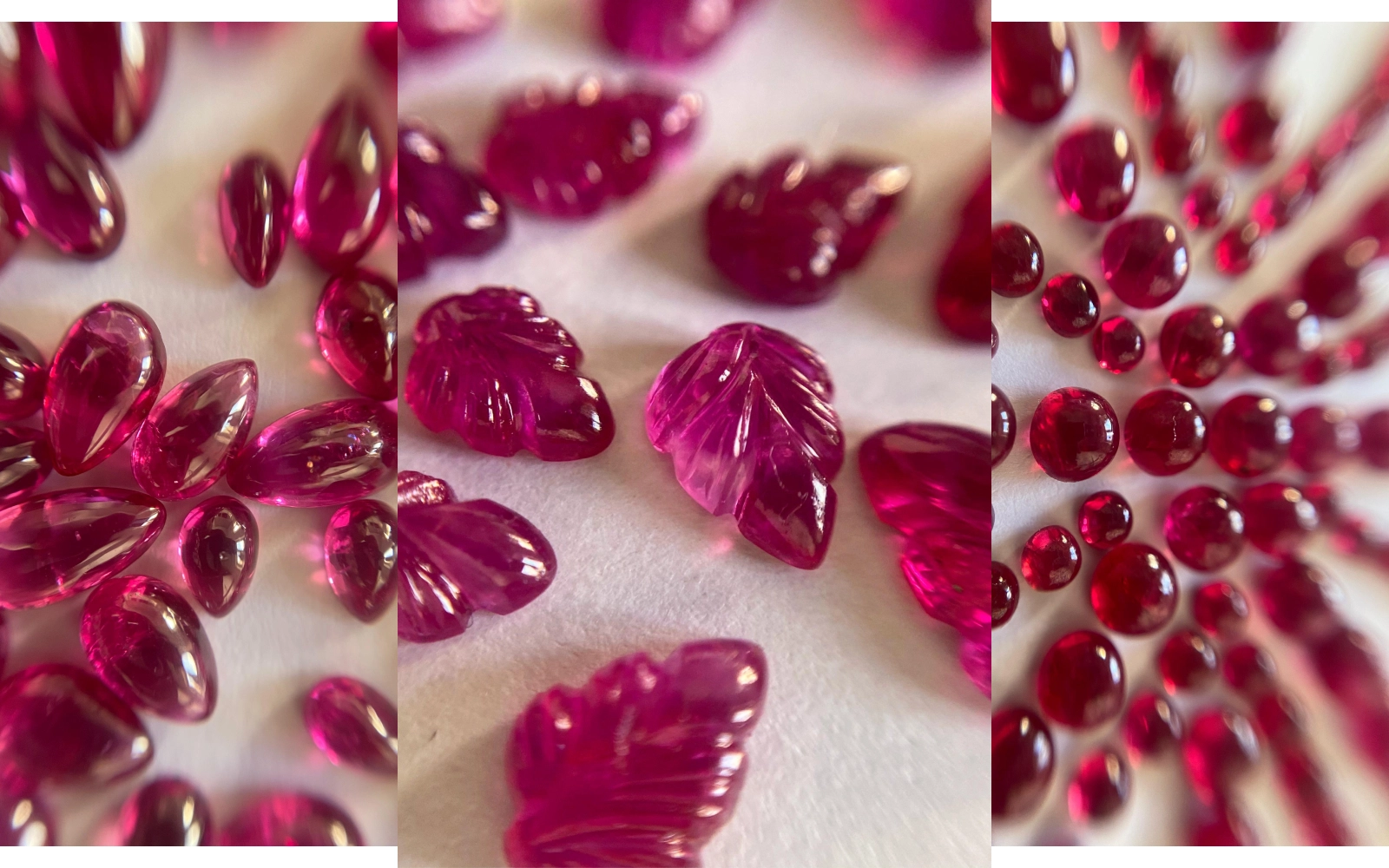 Minehaus rubies fashioned as drops, carved leaves and cabochons 