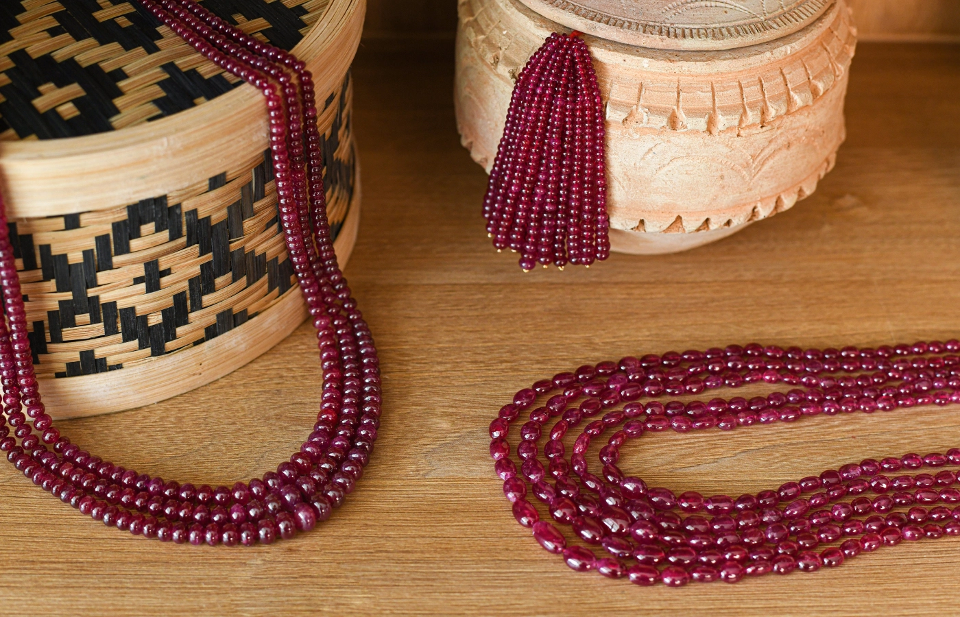 Odisha rubies strung in a tassel, round beads necklace and elongated beads necklace by Minehaus artisans