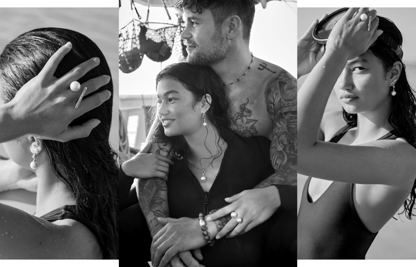 Models wear jewels by Australian brand Paspaley for its new Anchored in Paspaley campaign, including new additions to the Dive collection